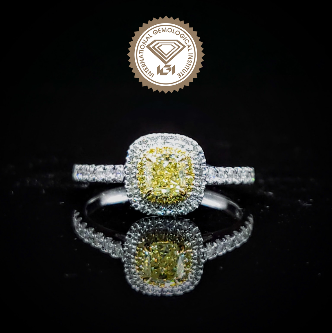 18K Gold 0.68ct Fancy Yellow Cushion Cut Diamond Ring