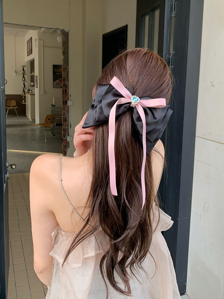 French Romantic Satin Bow with Heart Rhinestone