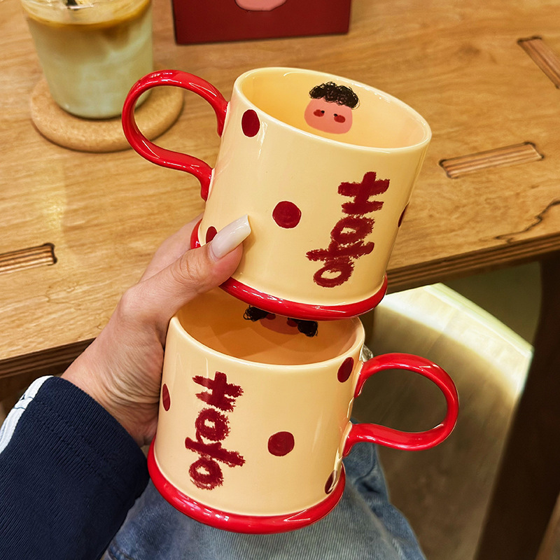 《6020》可愛捲捲頭男女情侶喜字馬克杯300ml