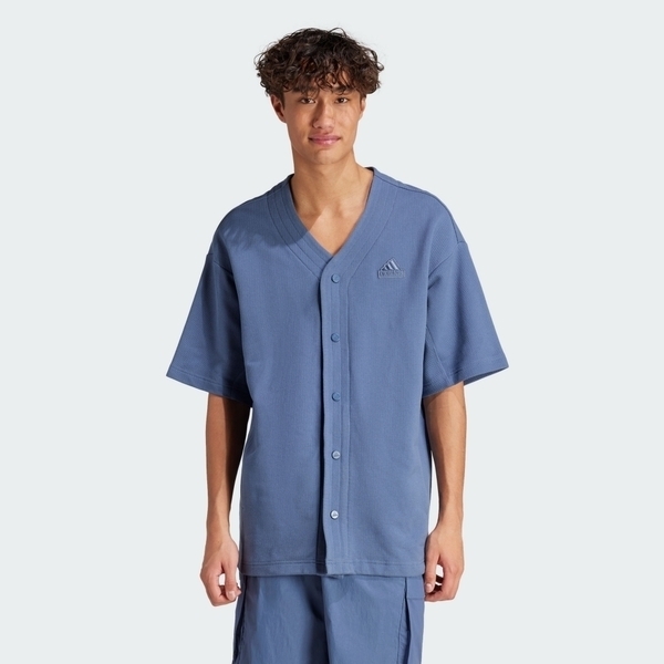 Adidas M LNG Cover Q2 IS1609 男 短袖 襯衫 休閒 復古 棒球風 V領 棉質 藍