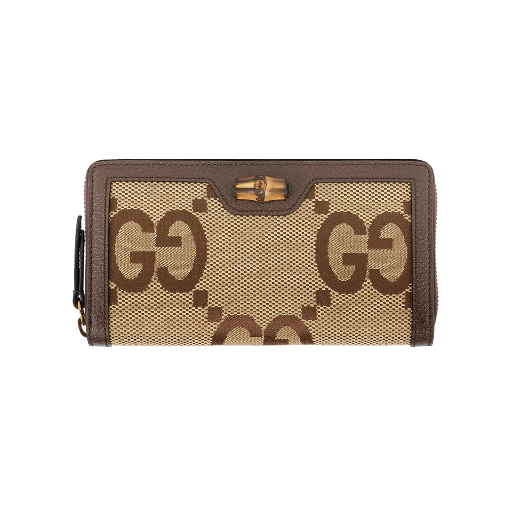 【GUCCI】Diana 竹節系列緹花布及皮革ㄇ形拉鍊長夾(棕色)