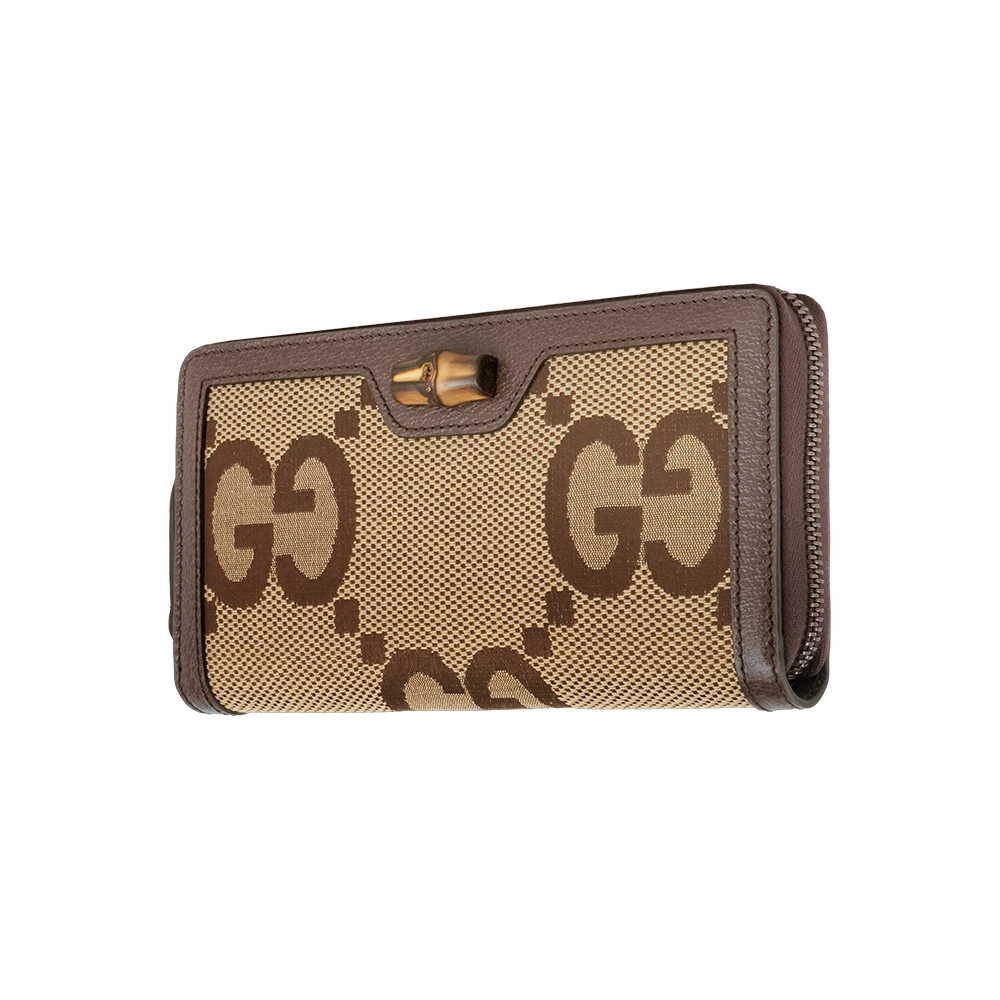 【GUCCI】Diana 竹節系列緹花布及皮革ㄇ形拉鍊長夾(棕色)