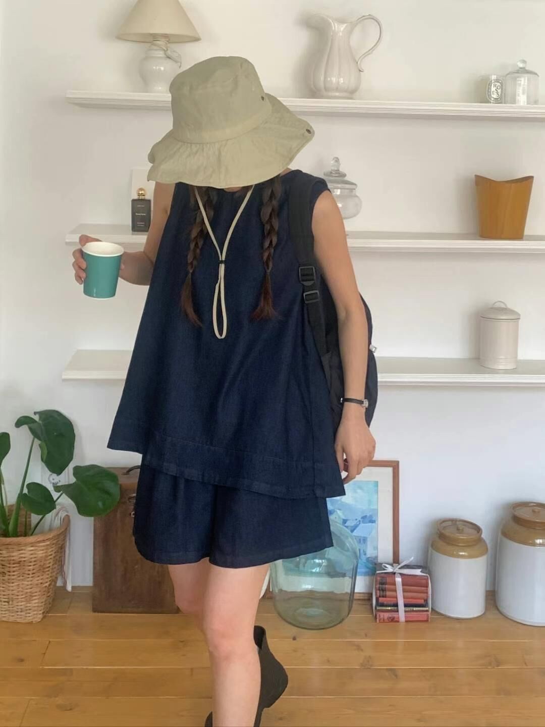 Denim back layered vest & shorts set