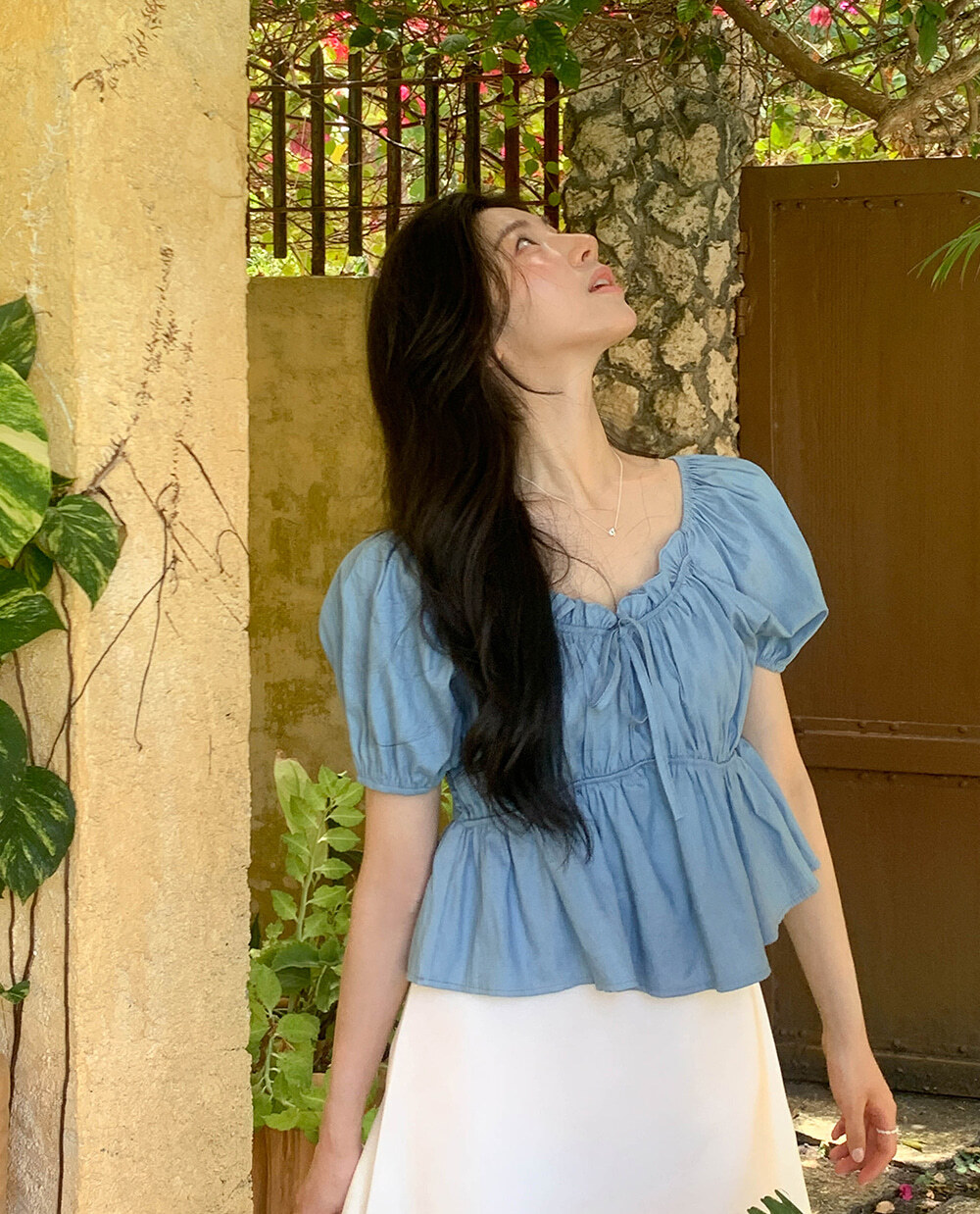 韓國Cherrykoko授權 浪漫休閒牛仔藍澎澎袖抓皺上衣