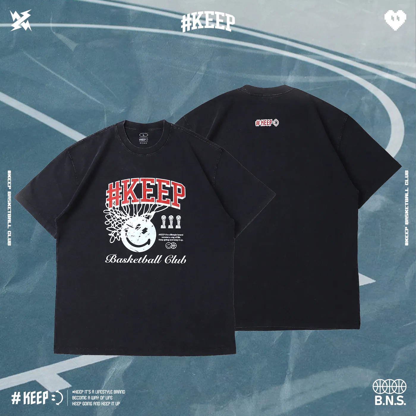 #KEEP BASKETBALL CLUB TEE 水洗黑 印花 投籃 休閒 冠軍俱樂部 水洗 短T 【KS295-BK】