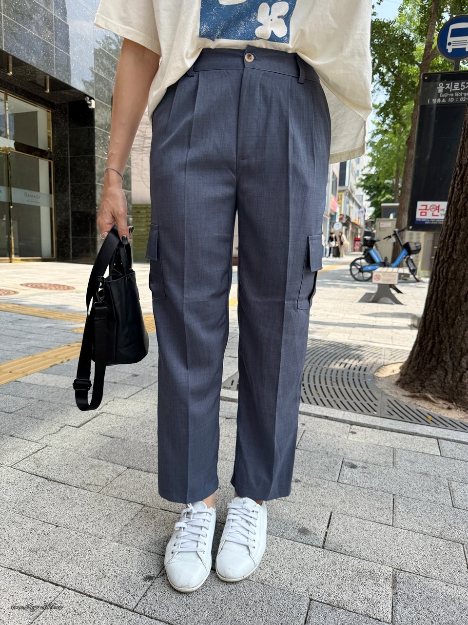 正韓紗質後鬆緊側口袋休閒褲 (藍灰)