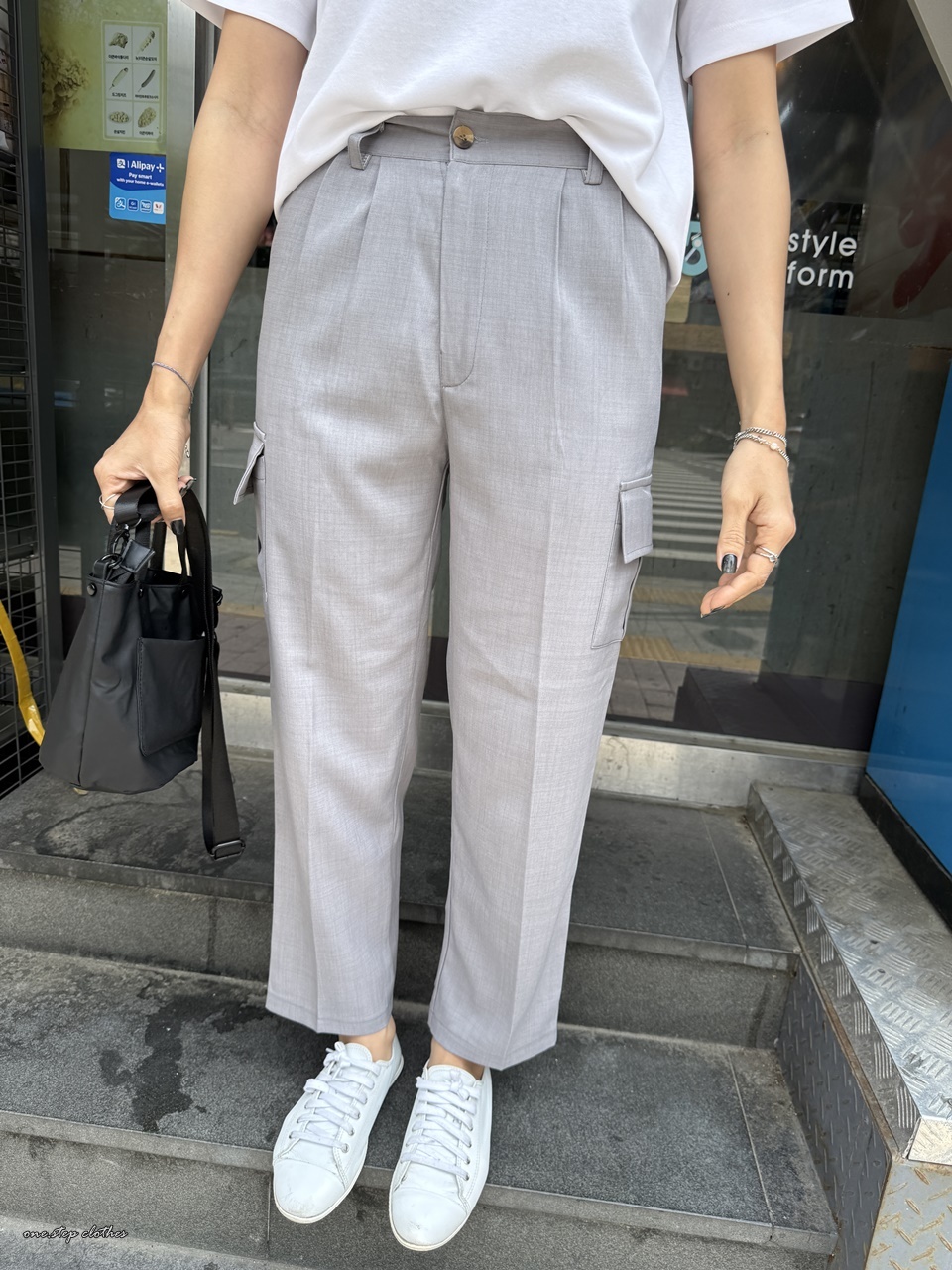 正韓紗質後鬆緊側口袋休閒褲 (淺灰)