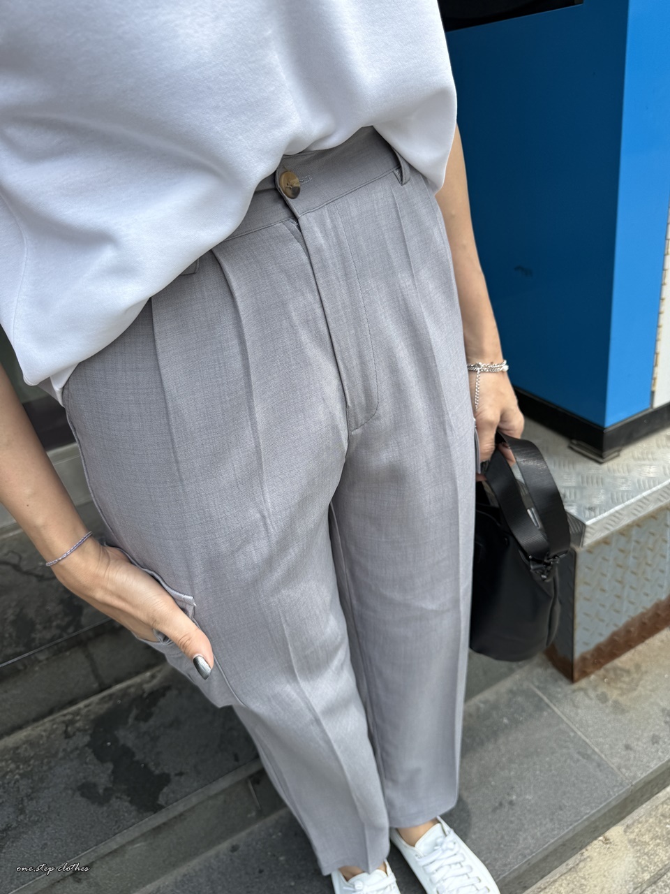 正韓紗質後鬆緊側口袋休閒褲 (淺灰)
