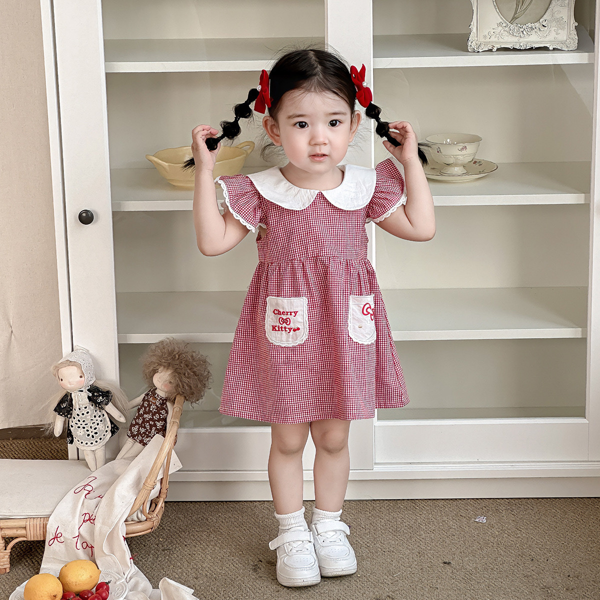 櫻桃紅格飛袖洋裝