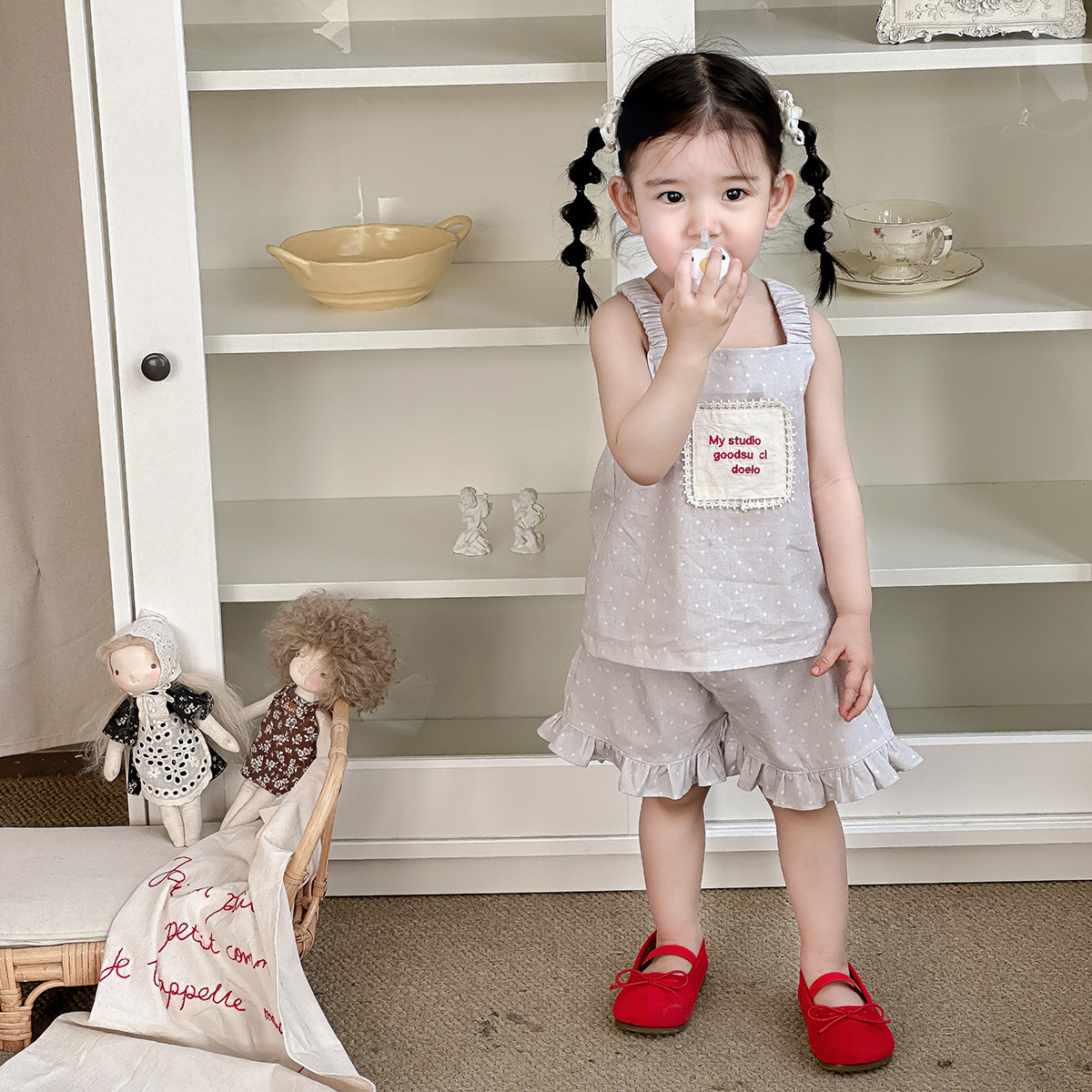 吊帶刺繡貼布點點花邊褲套裝