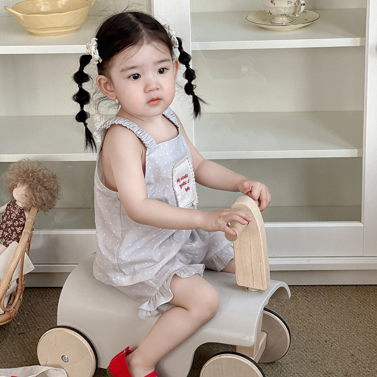 吊帶刺繡貼布點點花邊褲套裝