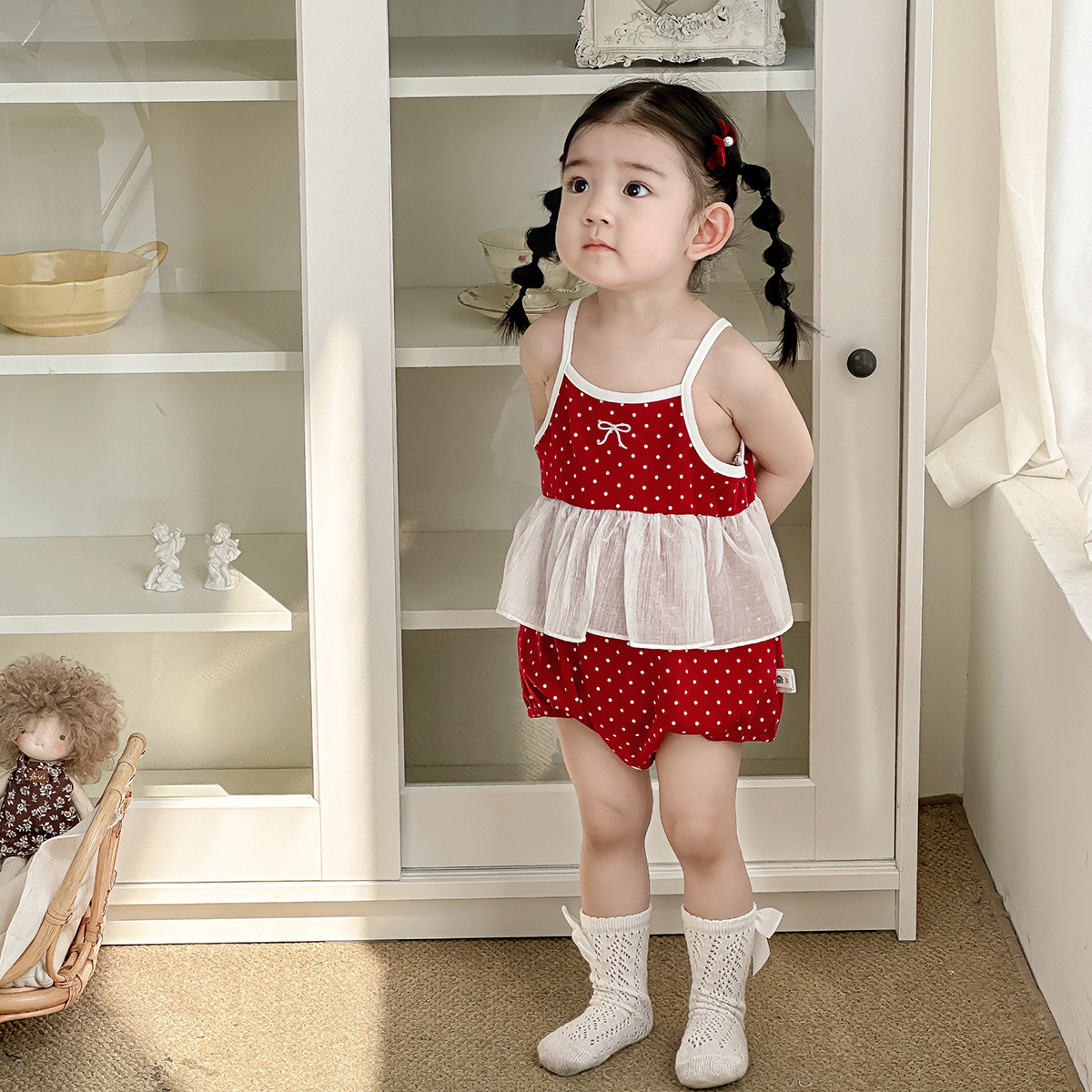 蝴蝶結波點吊帶包屁衣