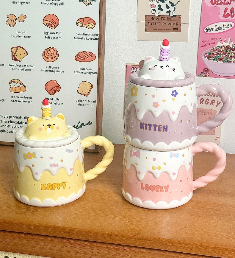 Cartoon Candle Cake Ceramic Mug with Lid