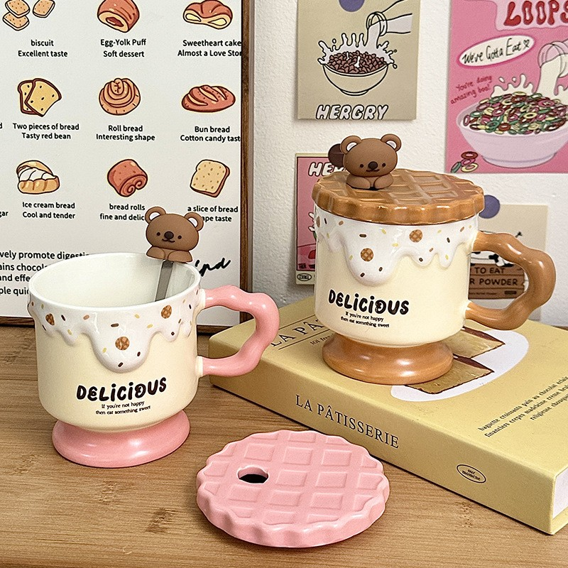 Ice Cream Cookie Ceramic Mug with Lid and Spoon