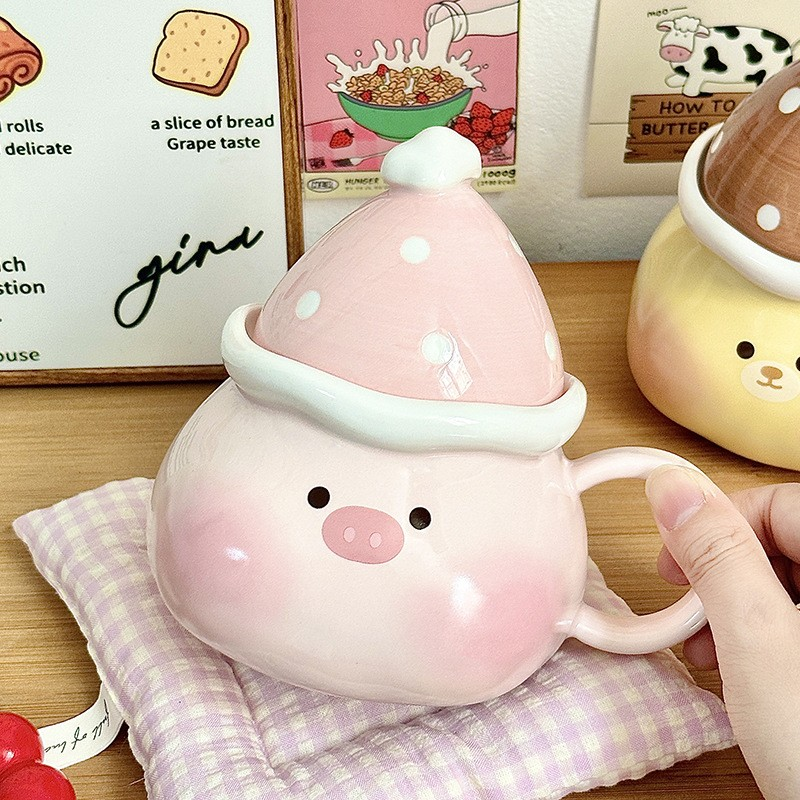 Lucky Bag Bear & Pig Ceramic Mug with Lid