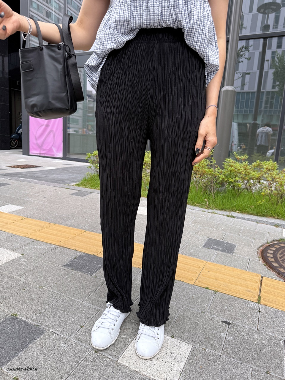 正韓透心涼三宅壓褶顯瘦鬆緊長褲