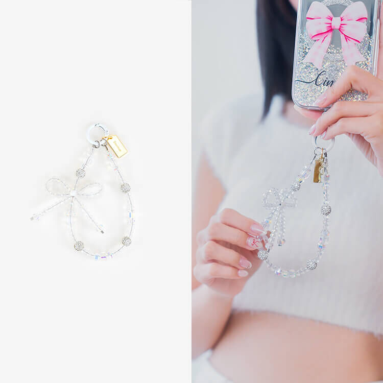 輕奢晶透蝴蝶結 (透白) 串珠手腕繩 短掛繩  串珠掛繩 手機掛繩