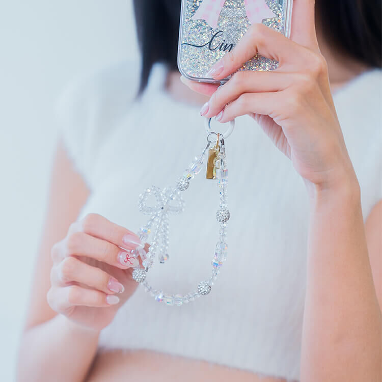 輕奢晶透蝴蝶結 (透白) 串珠手腕繩 短掛繩  串珠掛繩 手機掛繩
