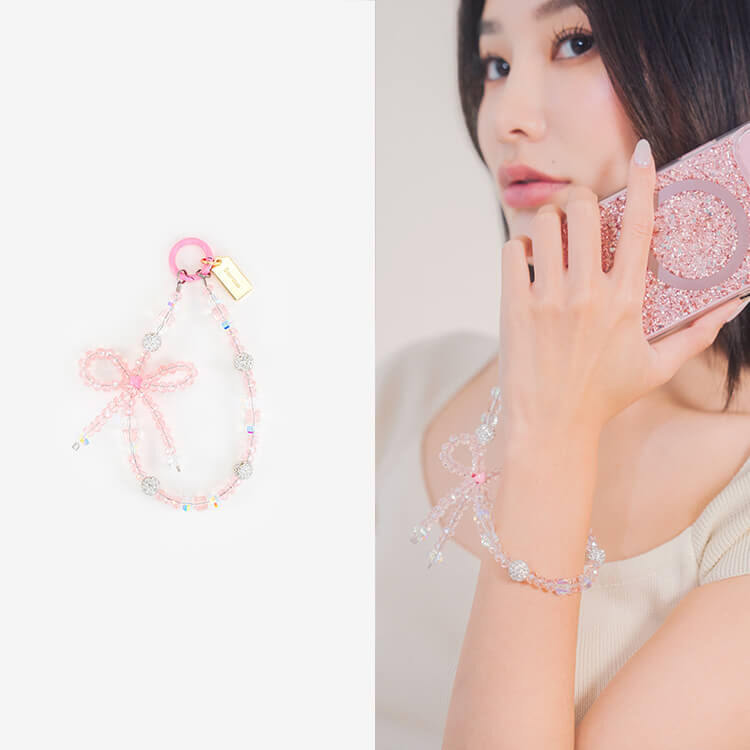 輕奢晶透蝴蝶結 (透粉) 串珠手腕繩 短掛繩  串珠掛繩 手機掛繩