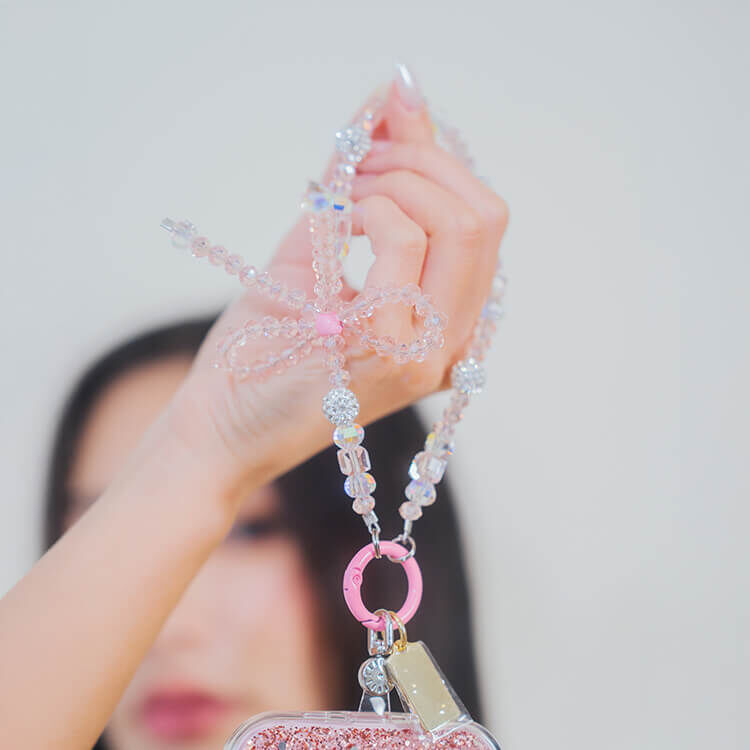 輕奢晶透蝴蝶結 (透粉) 串珠手腕繩 短掛繩  串珠掛繩 手機掛繩