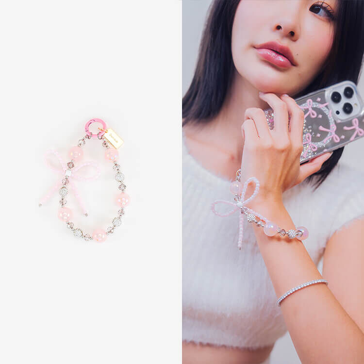 浪漫透粉晶蝴蝶結 串珠手腕繩 短掛繩  串珠掛繩 手機掛繩