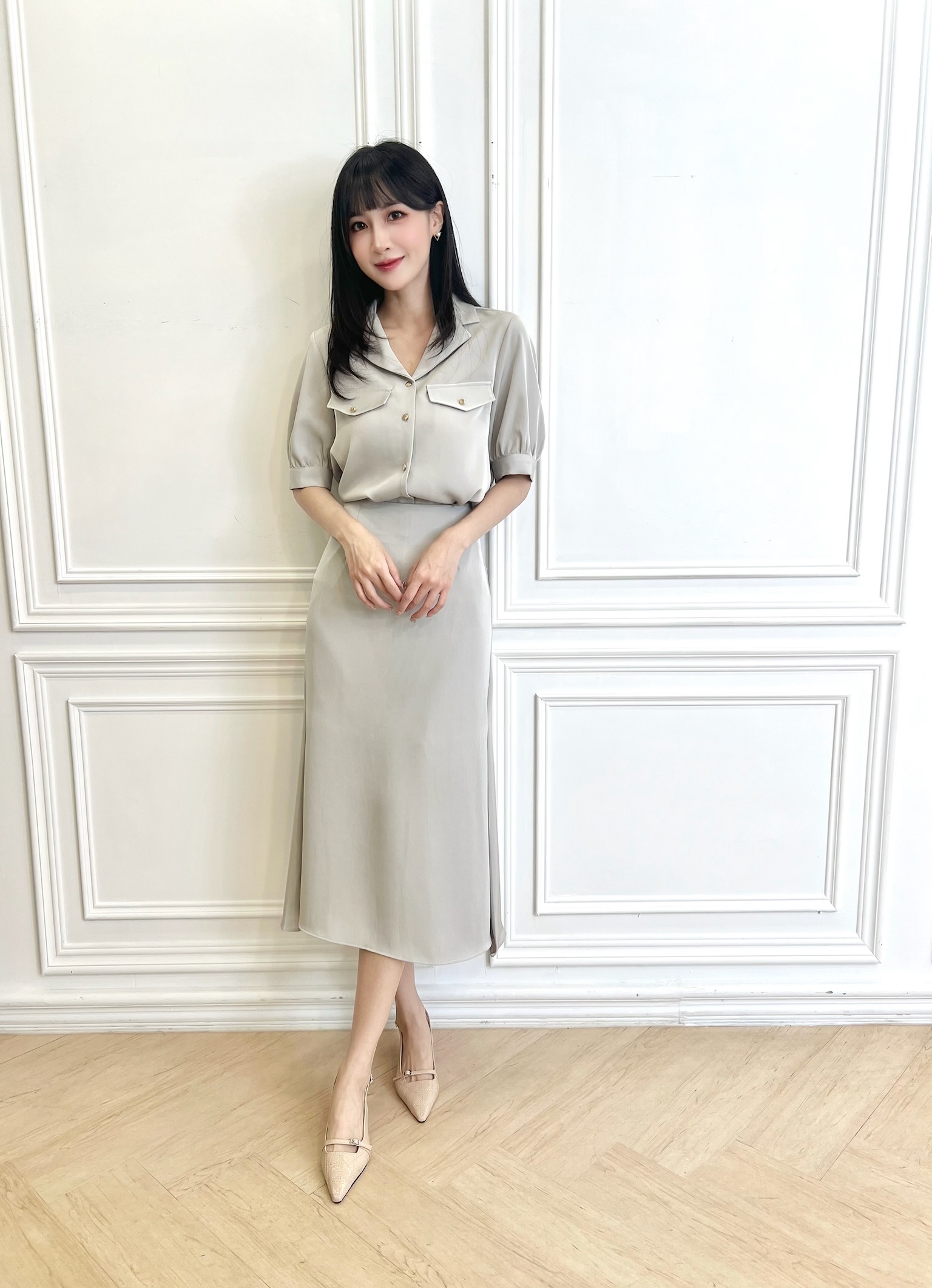 質感緞面襯衫開衩裙套裝