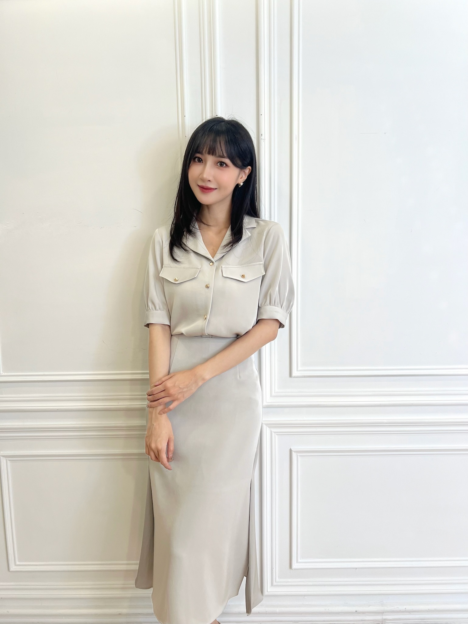 質感緞面襯衫開衩裙套裝