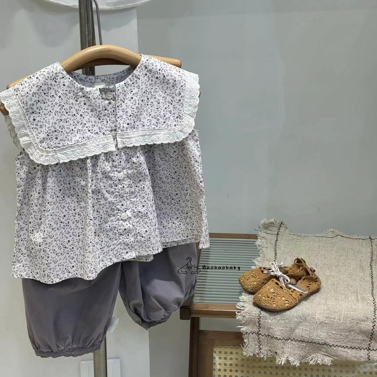 日系紫碎花娃娃衫