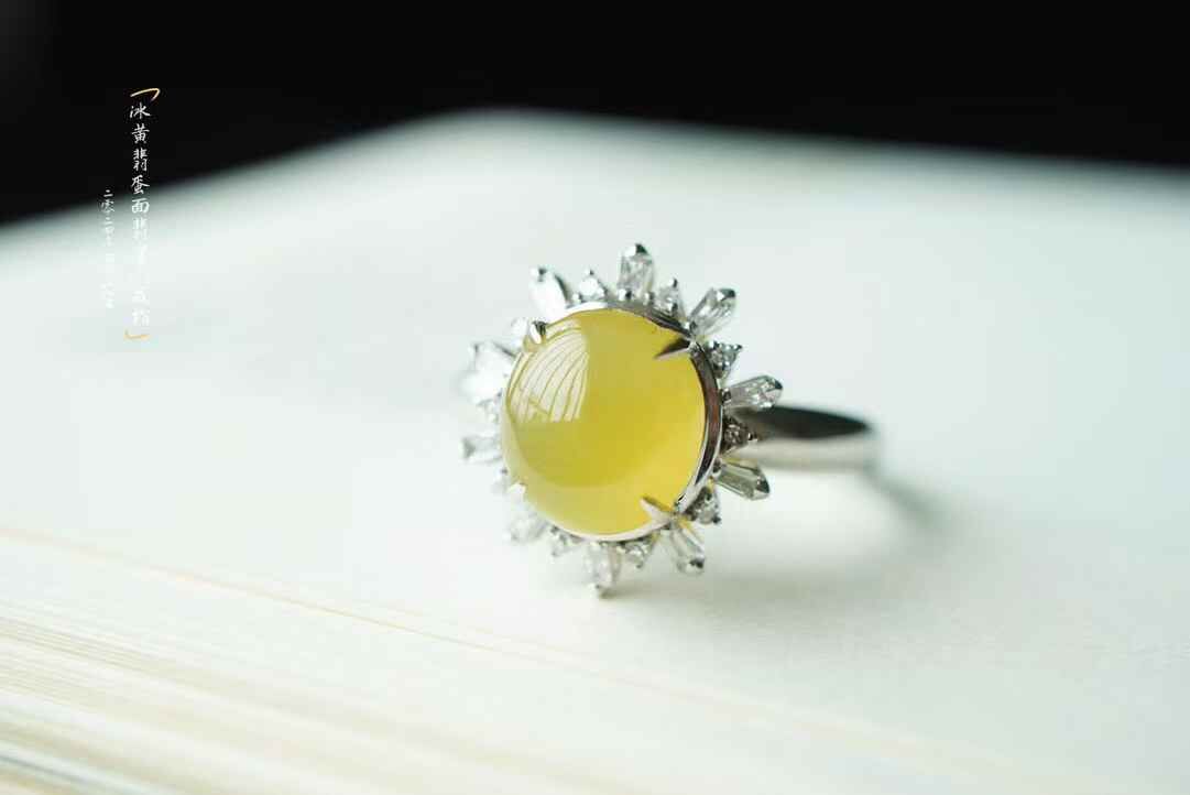 翡翠冰黃翡蛋面戒指,天然翡翠A玉, 緬甸玉, Jade, Jadeite