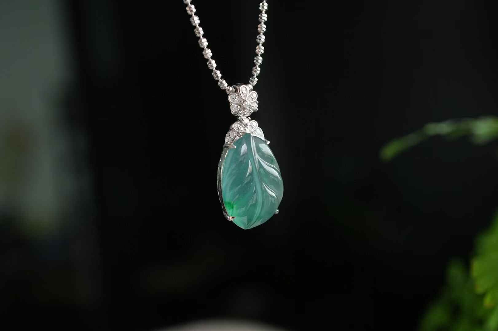 翡翠冰藍水飄花葉子吊墜,天然翡翠A玉, 緬甸玉, Jade, Jadeite