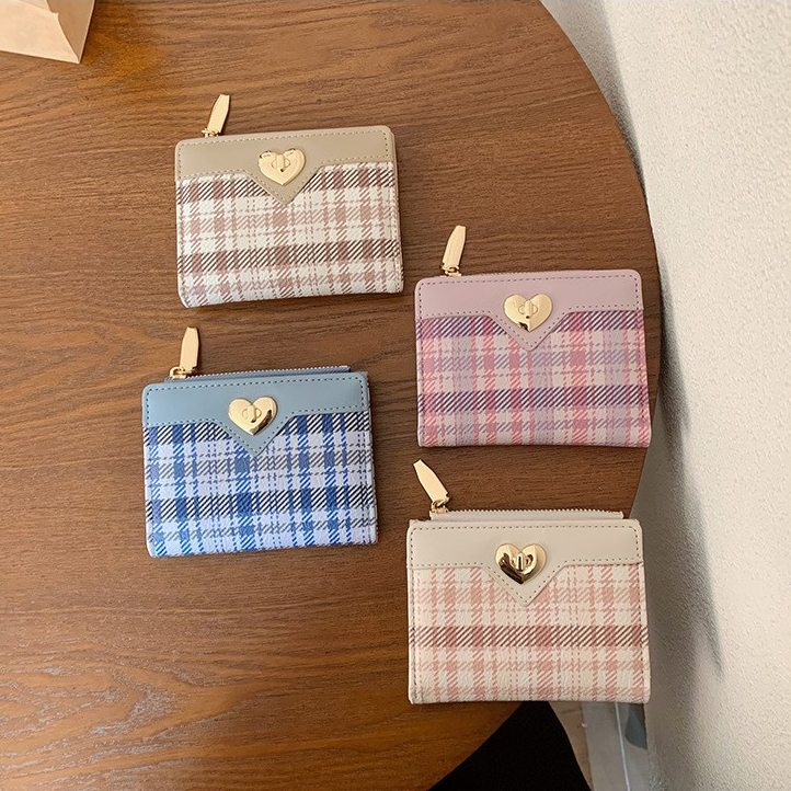 Plaid Heart Lock Strap Short Wallet with Zipper