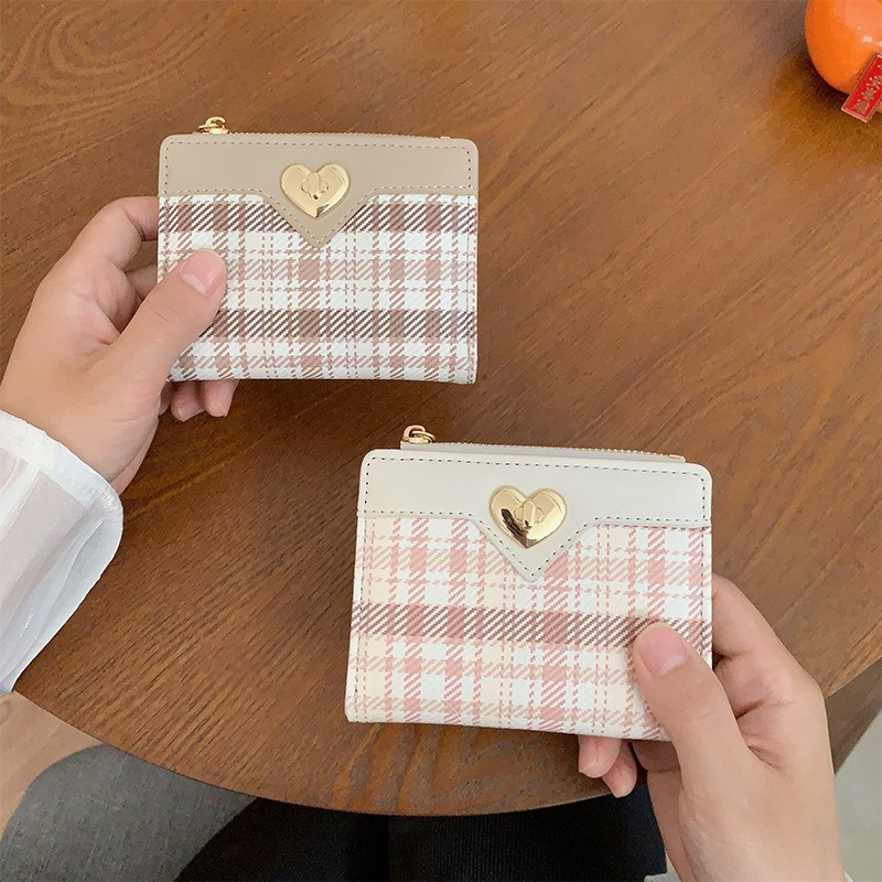 Plaid Heart Lock Strap Short Wallet with Zipper