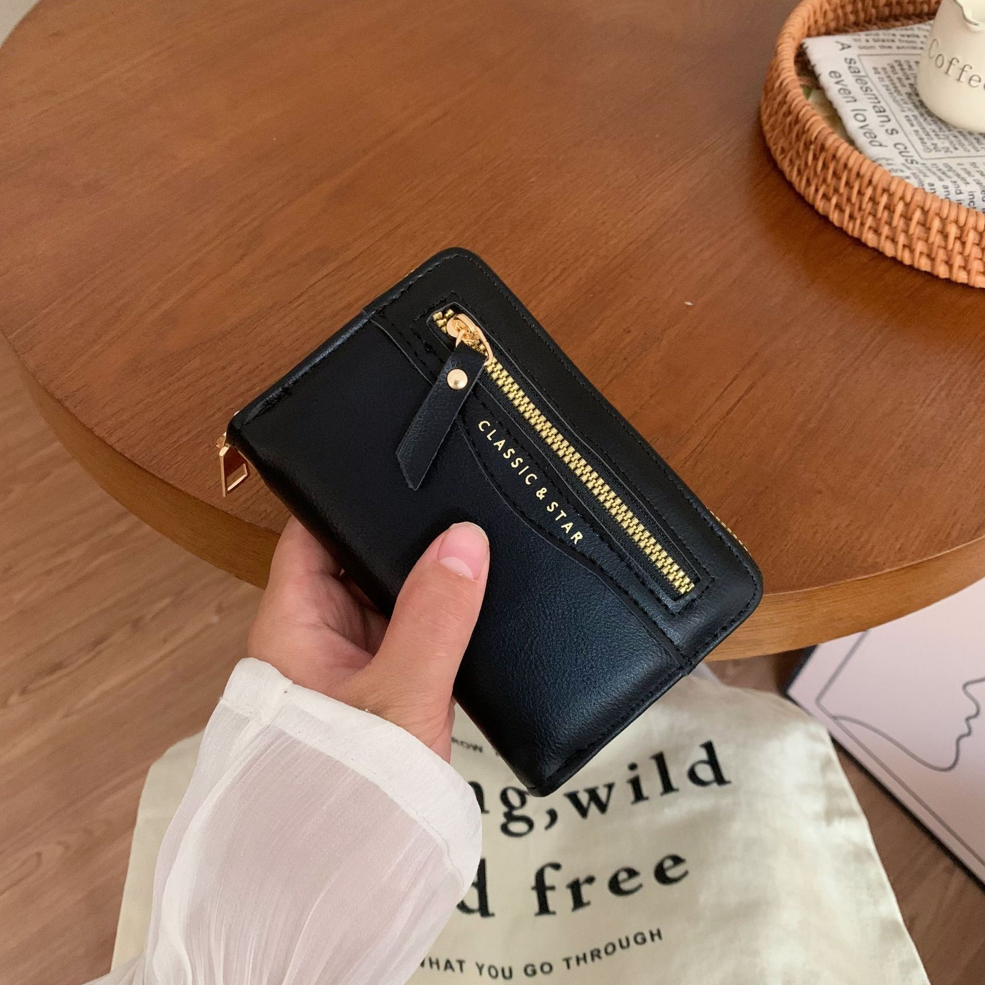 Classic Black Zipper Clutch Medium Wallet