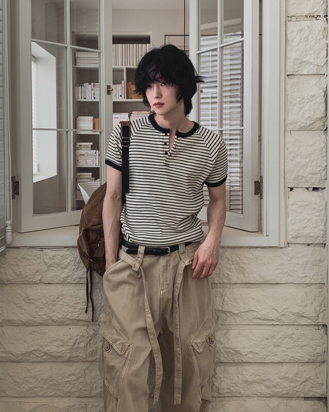 橫條紋亨利領針織短袖上衣