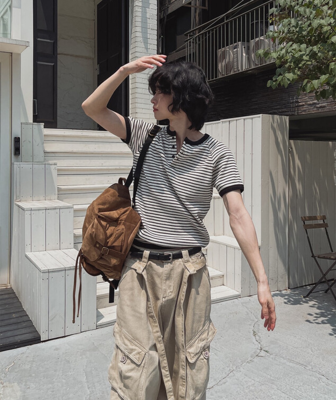 橫條紋亨利領針織短袖上衣