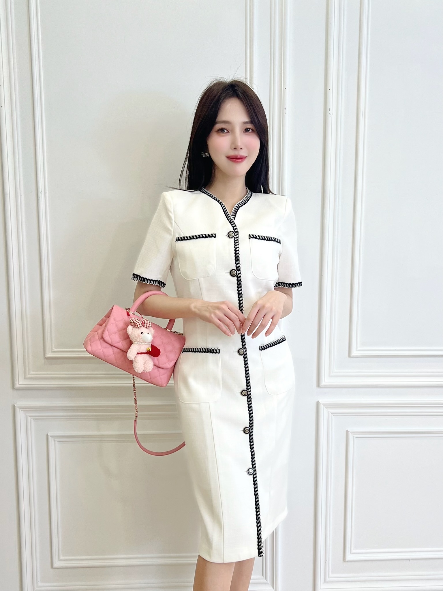 小香風滾邊撞色短袖洋裝