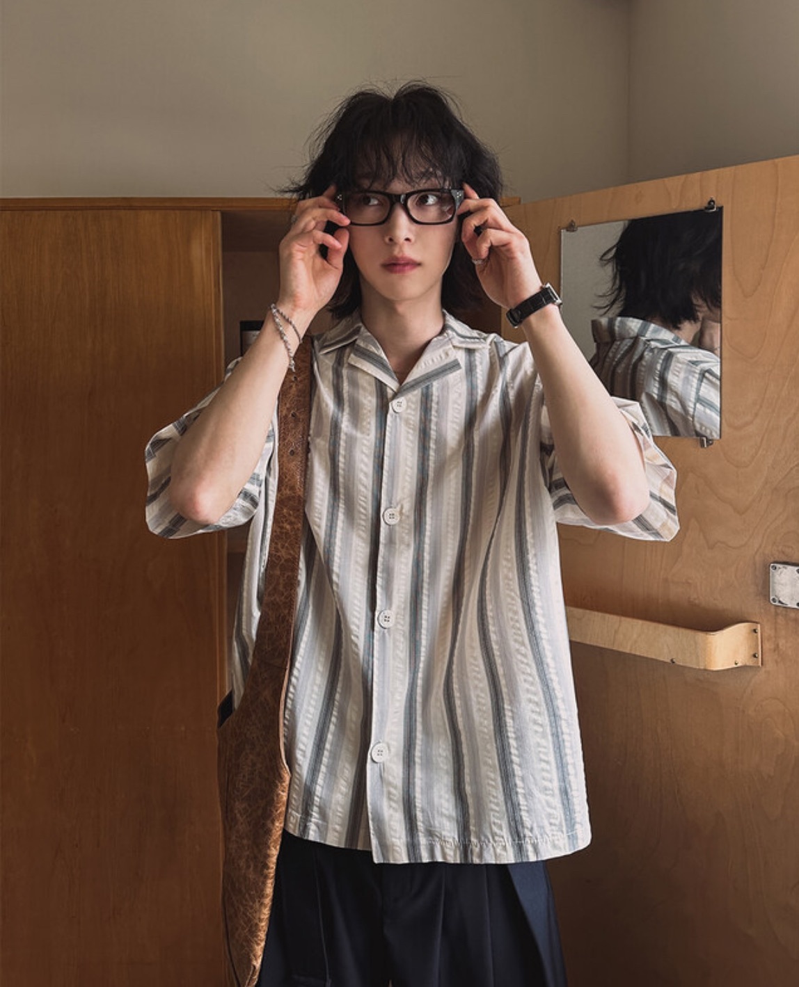 褶皺條紋半身襯衫