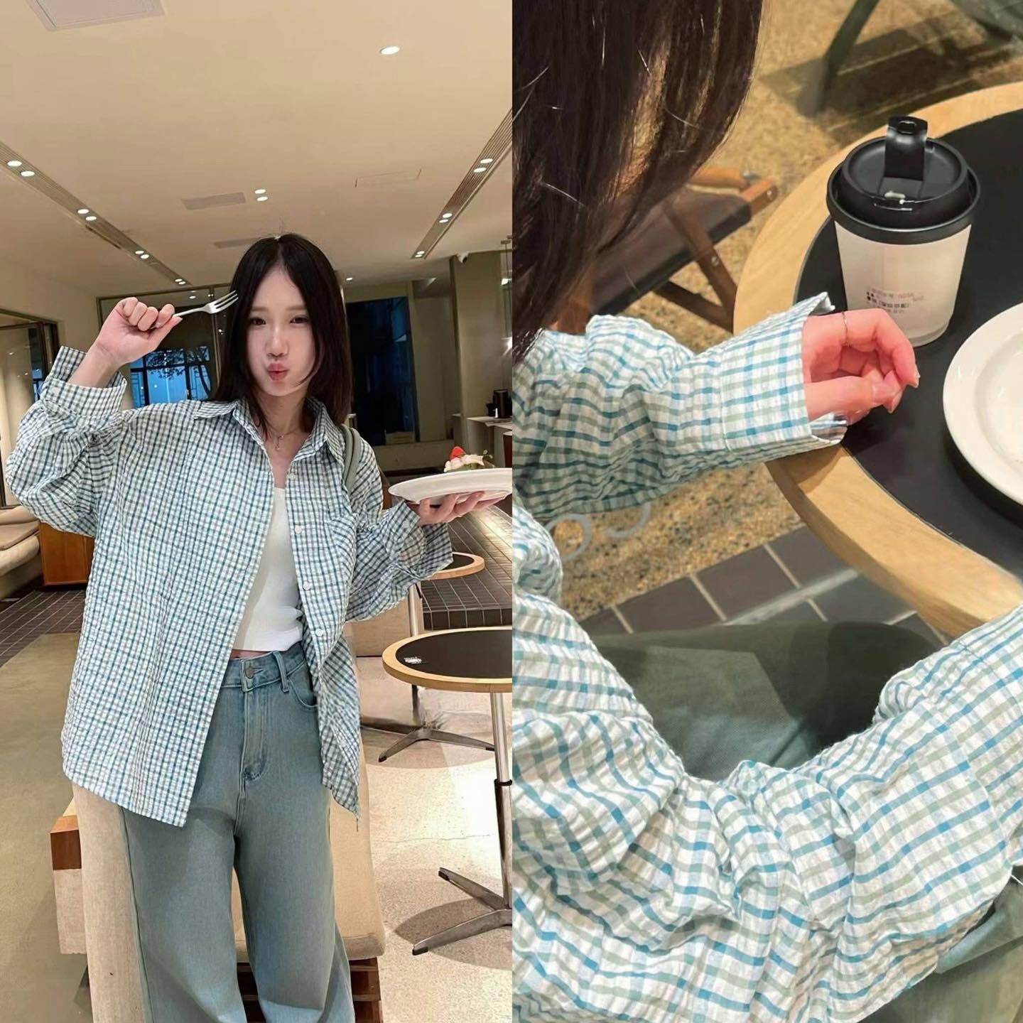 【夏日繽紛的格紋拼色襯衫】（現貨）