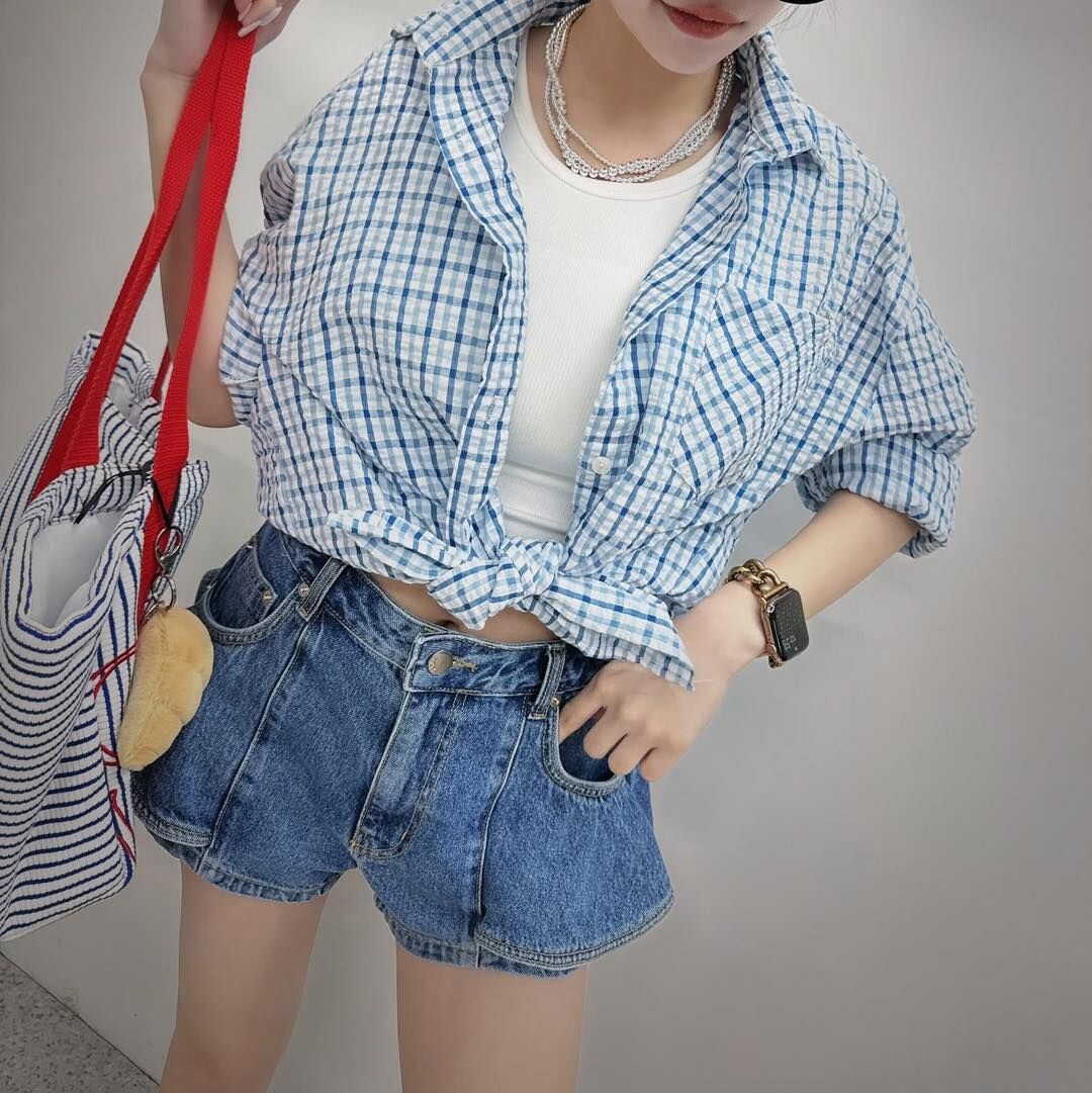 【夏日繽紛的格紋拼色襯衫】（現貨）