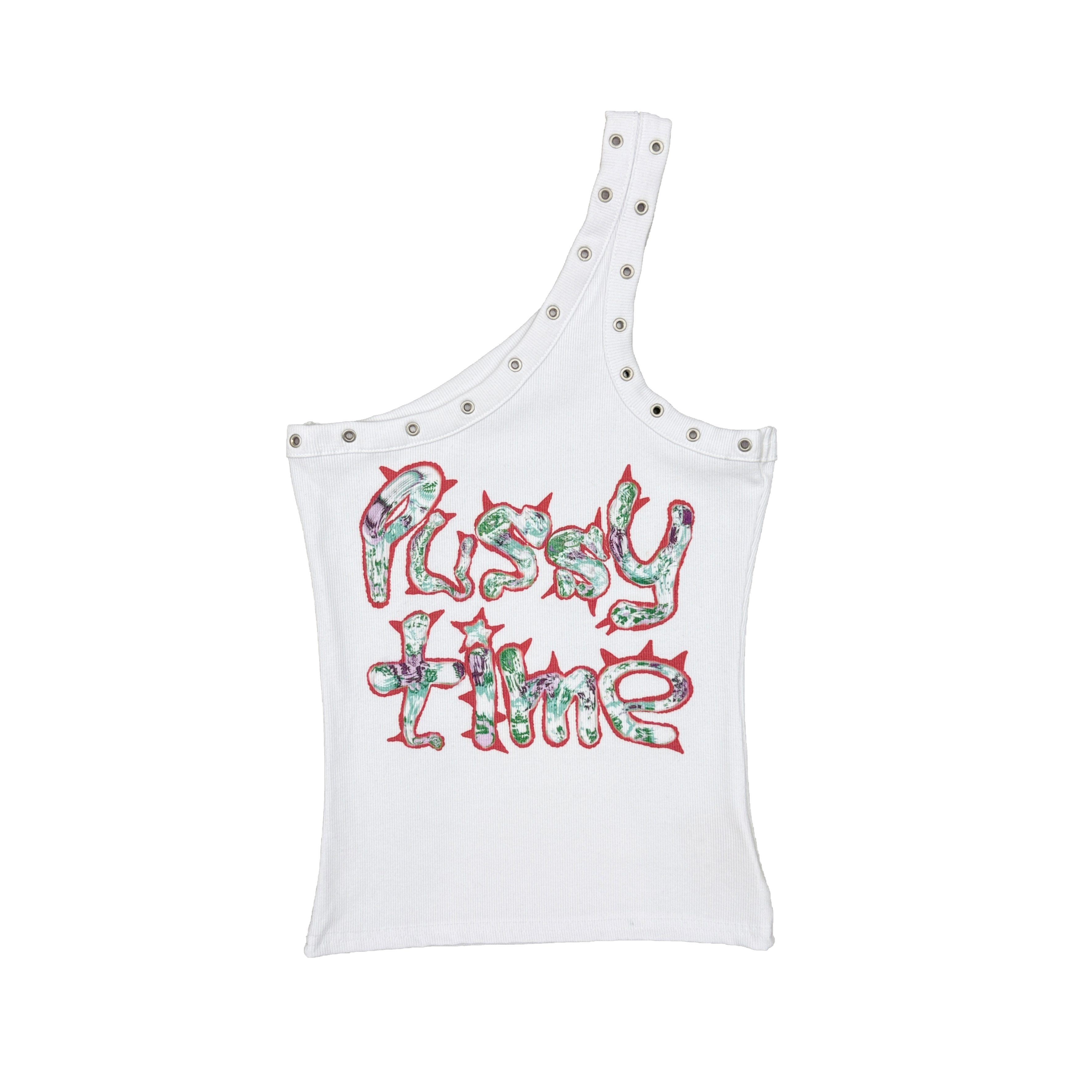 LUVSIVE WORKSHOP Pussy Time grommet Open-shoulder Tank - White