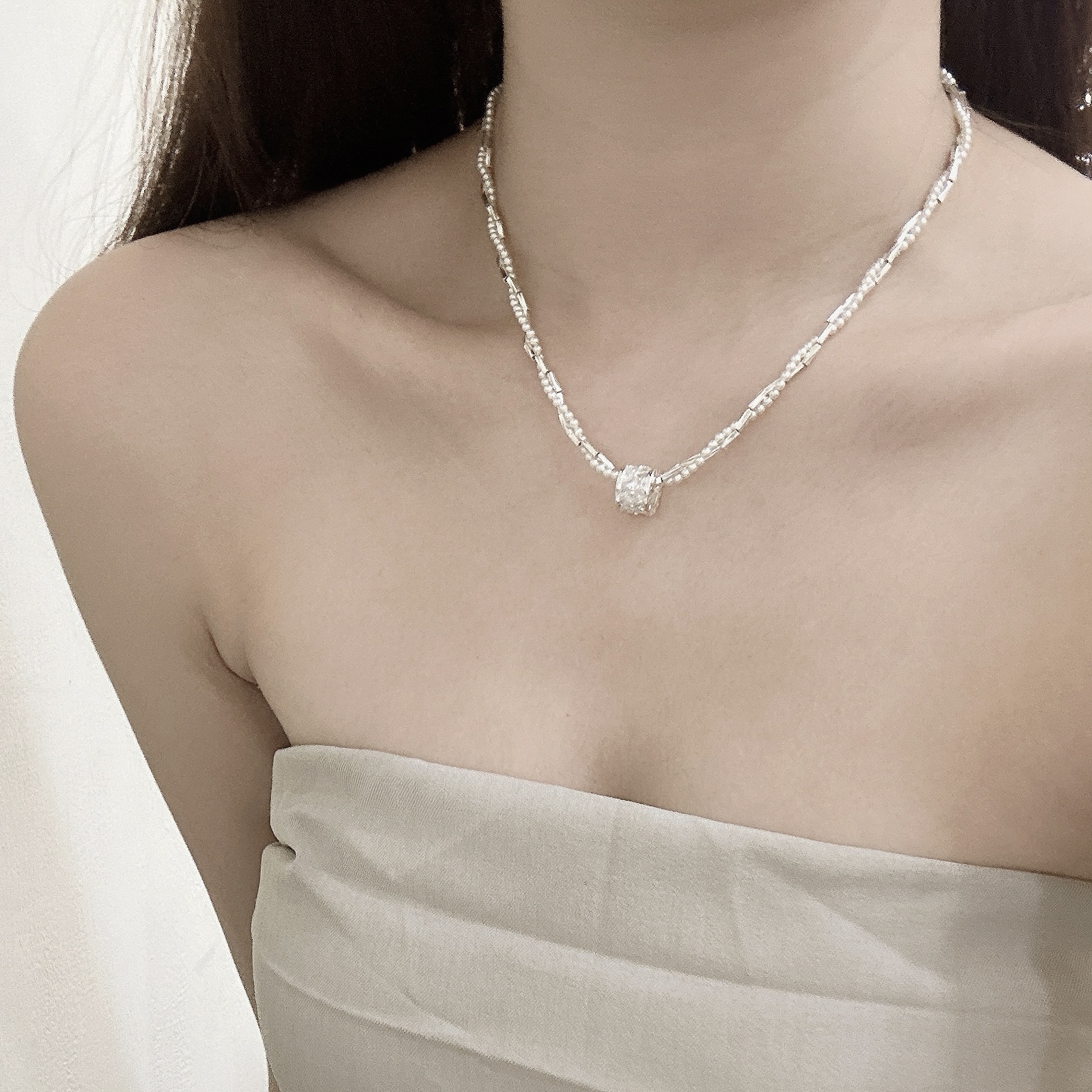 D13珍珠繞線鋯石圓環頸鏈