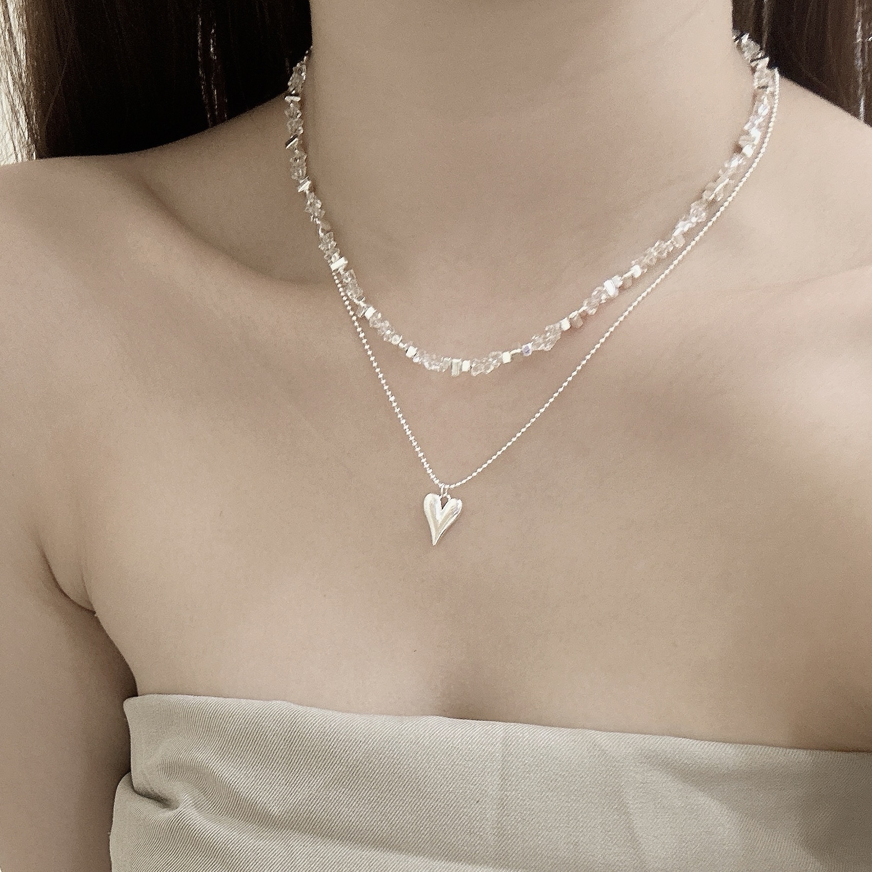 D15水晶雙層愛心頸鏈