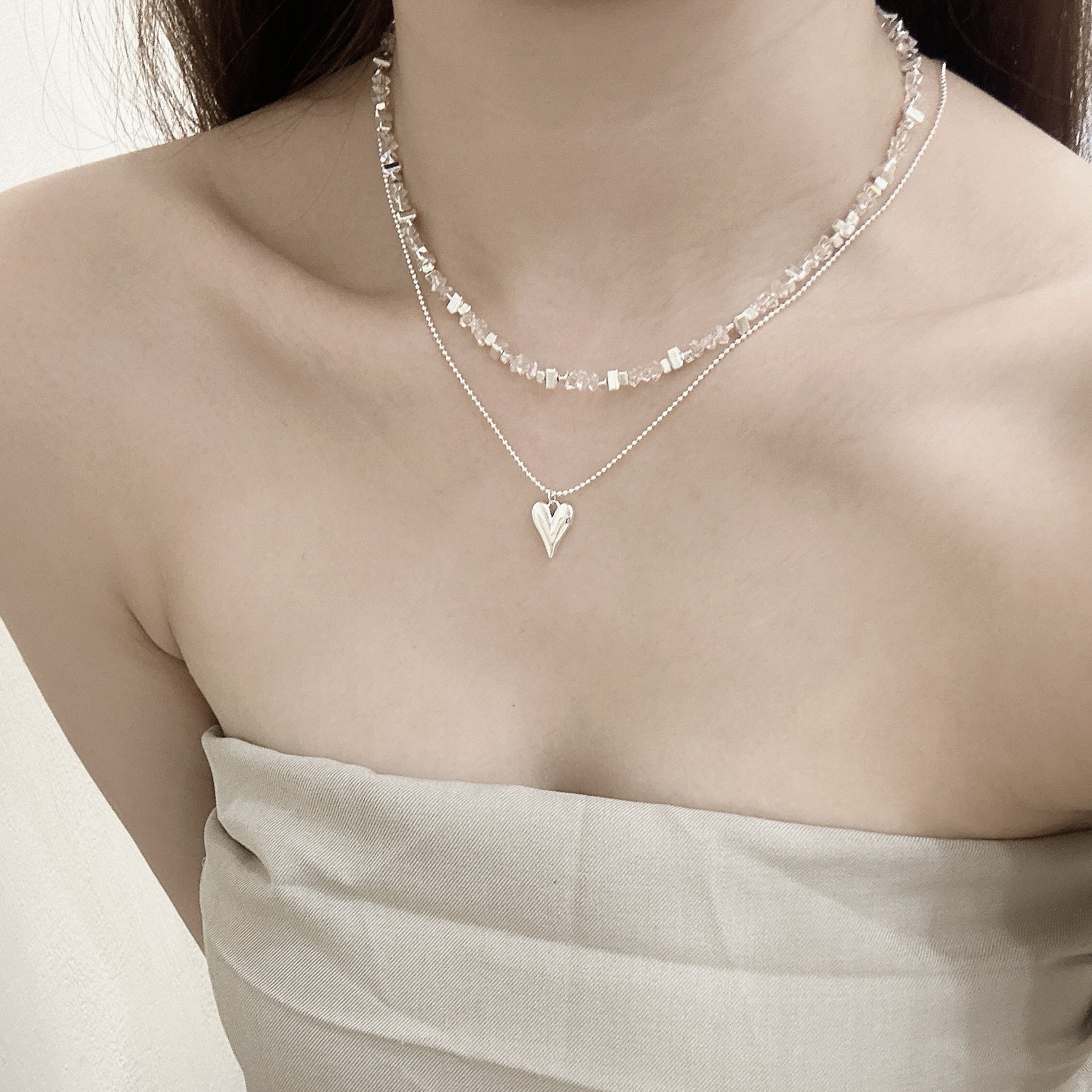 D15水晶雙層愛心頸鏈