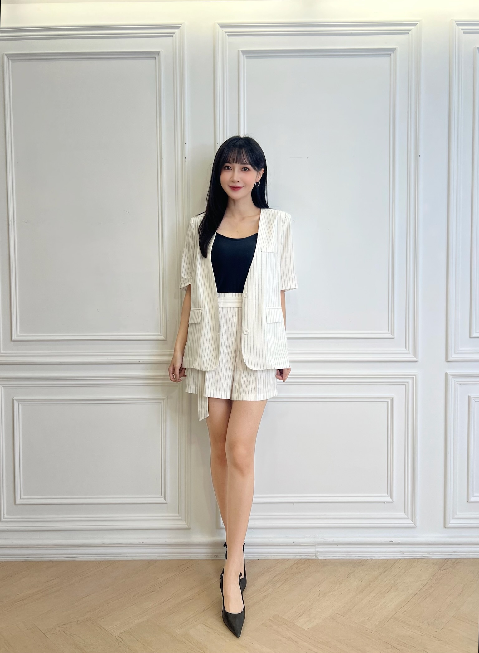 棉麻直線條無領短褲套裝