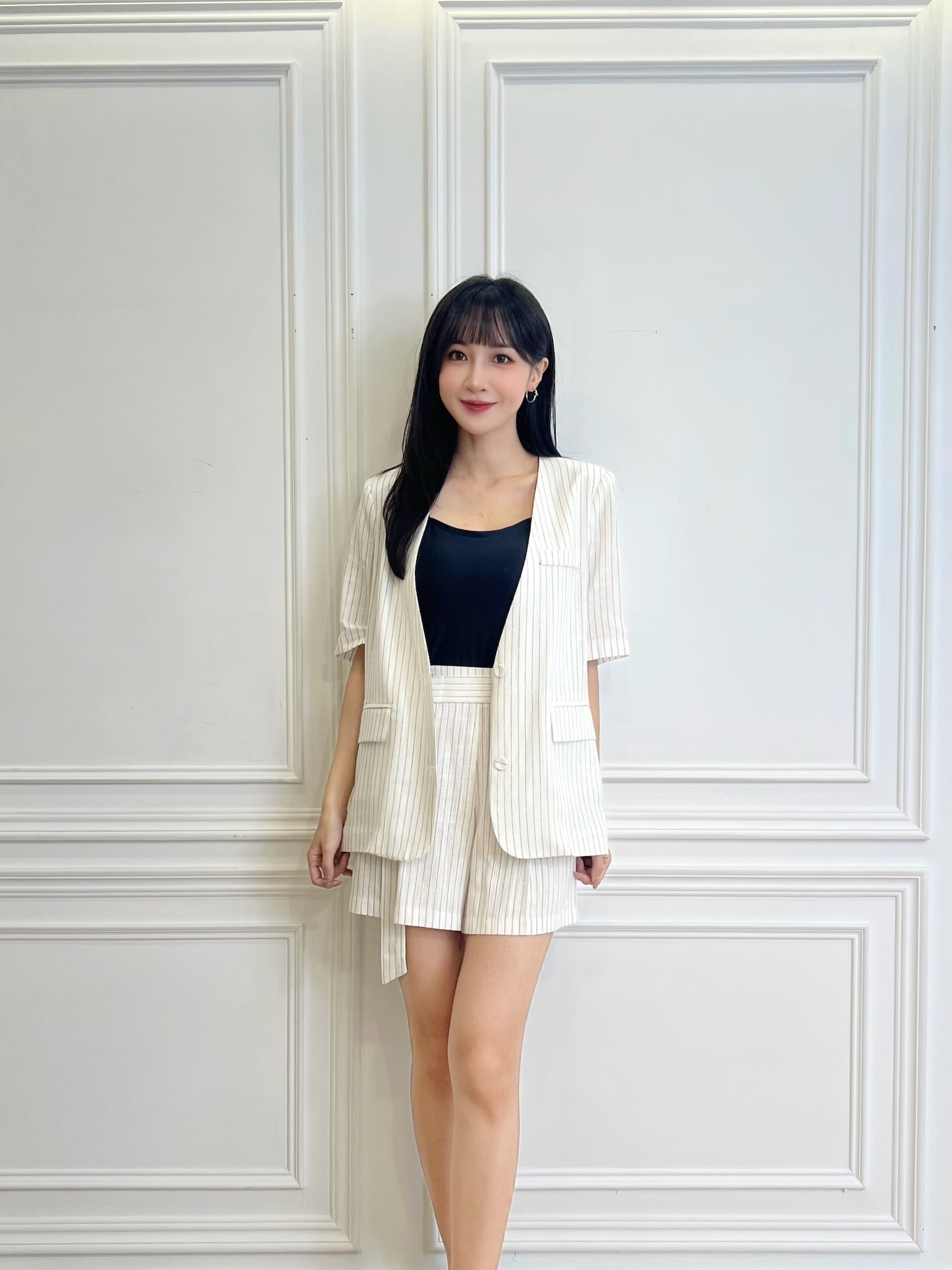 棉麻直線條無領短褲套裝