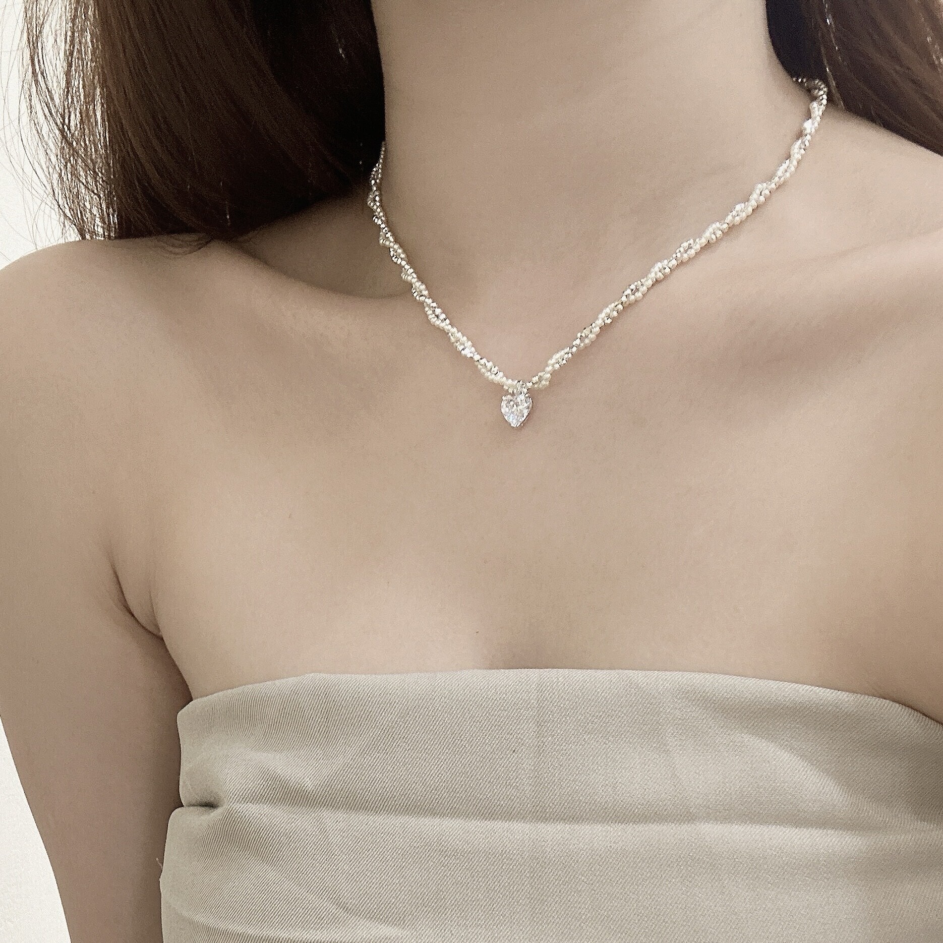 D40鋯石愛心珍珠繞線頸鏈