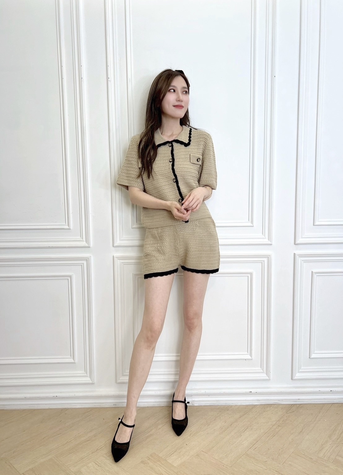 撞色滾邊針織短褲套裝