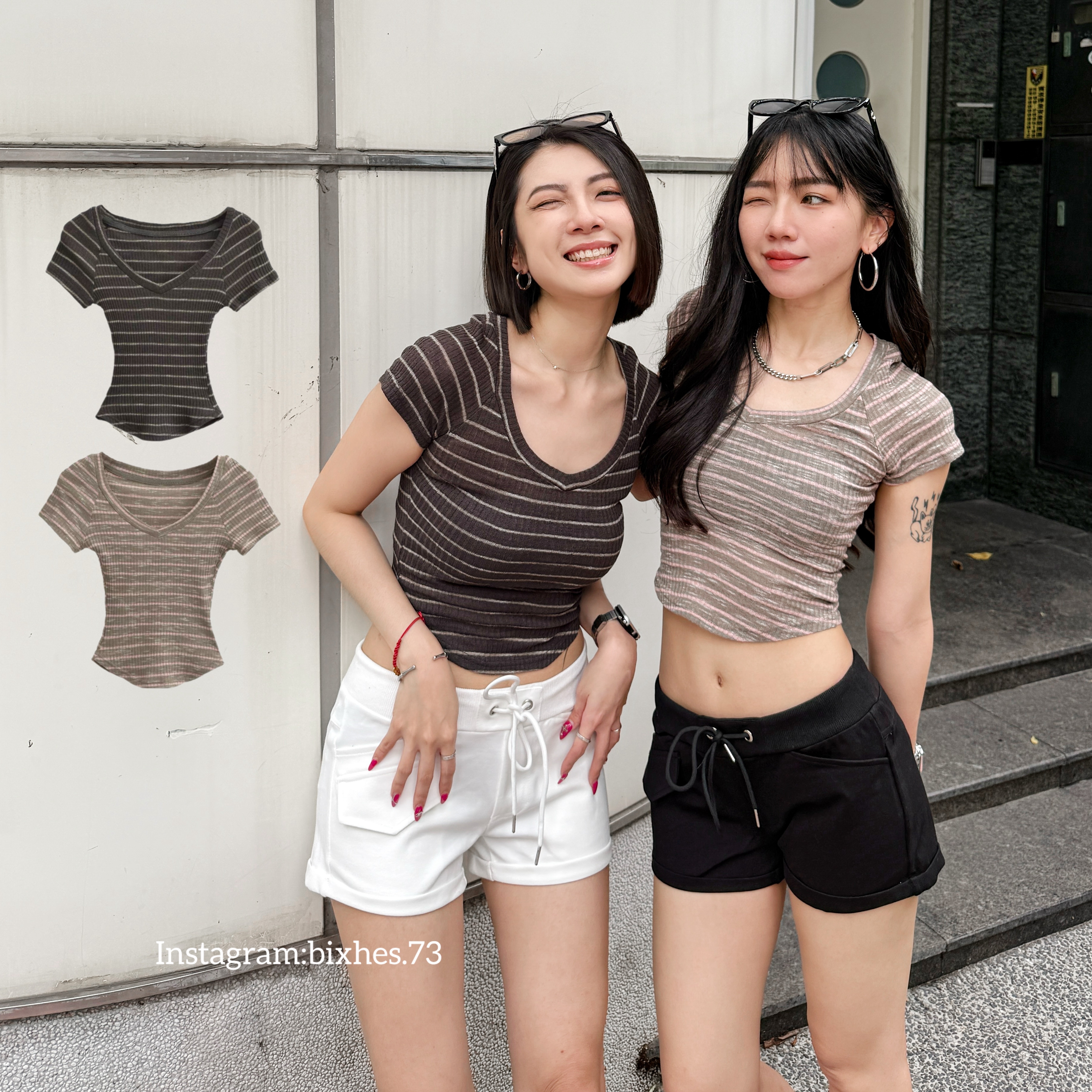 歐美超彈條紋V領短T(A00116)