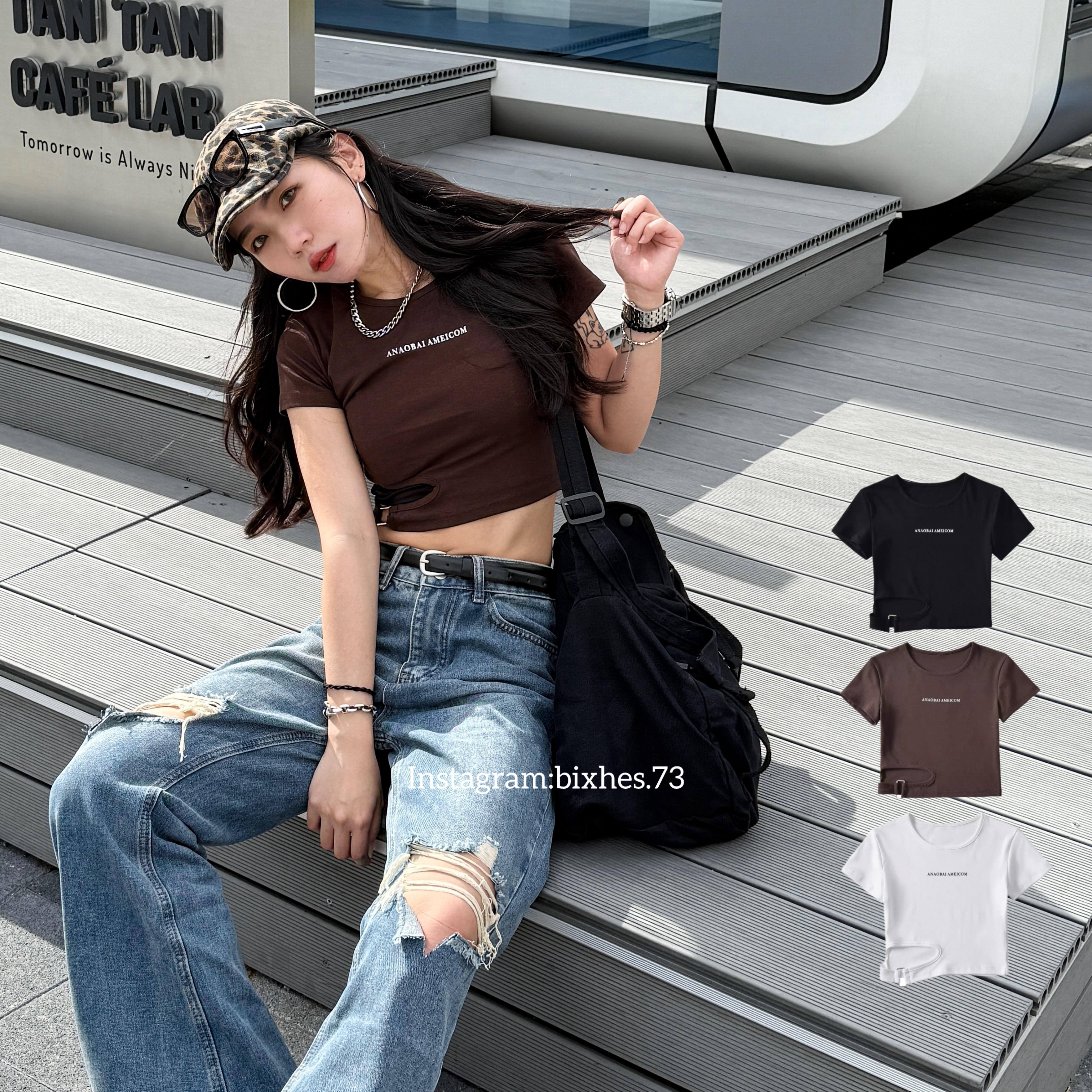 簡約字母印花鏤空短版T(A00115)