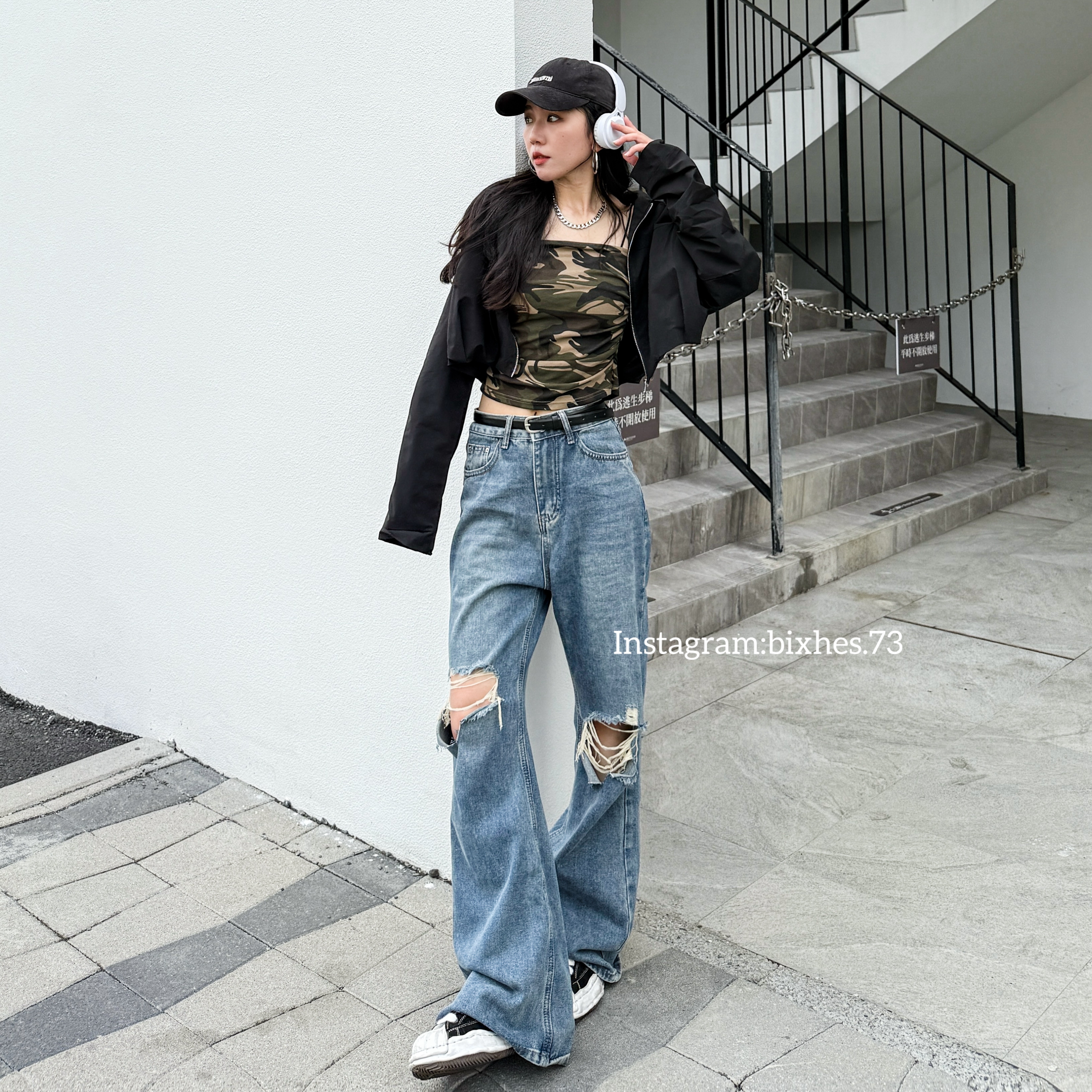 復古割破微寬牛仔喇叭褲(E00131)